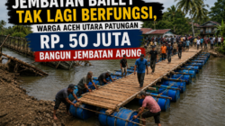 Jembatan Bailey Tak Lagi Berfungsi, Warga Aceh Utara Patungan Rp. 50 Juta Bangun Jembatan Apung